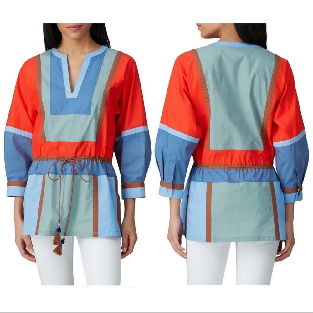 Tory Burch Colorblock Poplin Tunic Top V-Neck 3/4 Sleeve Tie Waist Tasseled - Picture 1 of 11